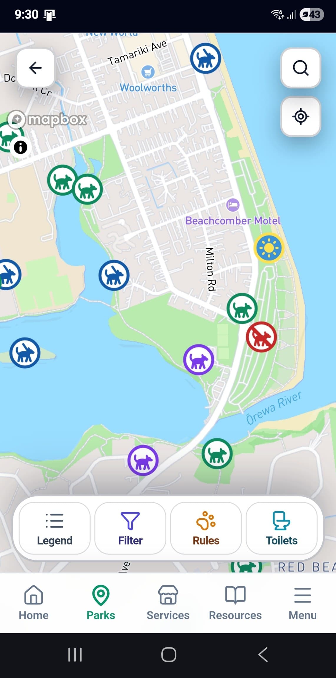 The My Dog Rules colour-coded walk map showing dog-access rules for parks and reserves, NZ wide